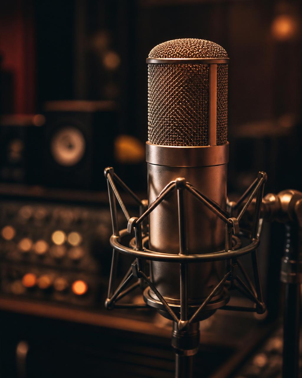 Professional condenser microphone in warm studio light