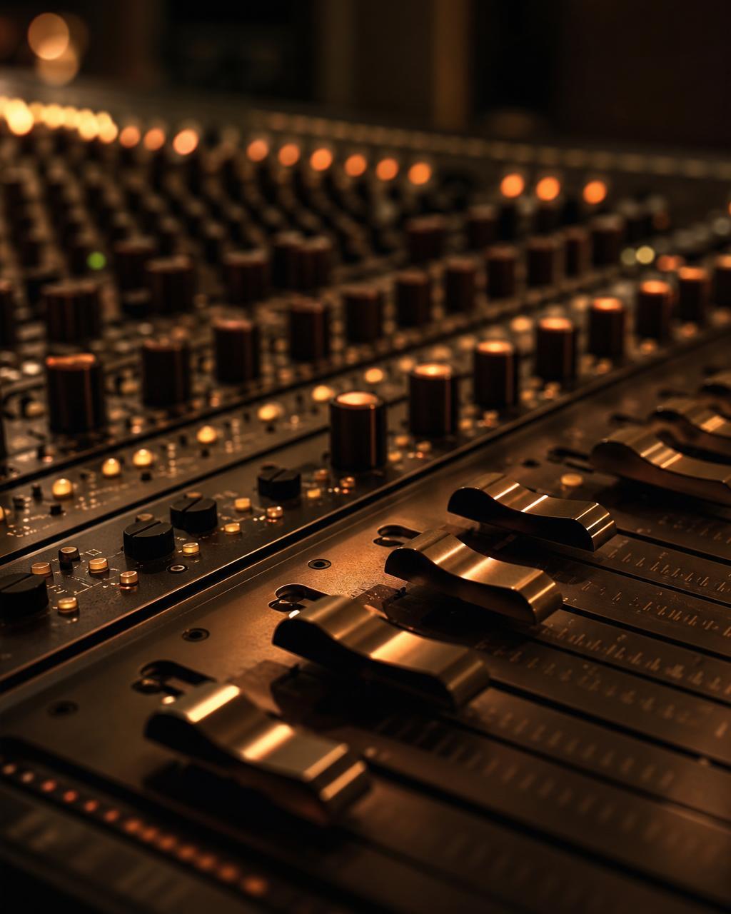 Close-up of a professional analog mixing console in warm studio light